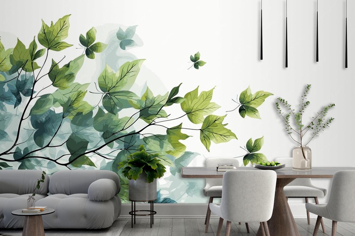 Fresh Baby Spinach Leaves On White Marble Living Room Wallpaper Mural