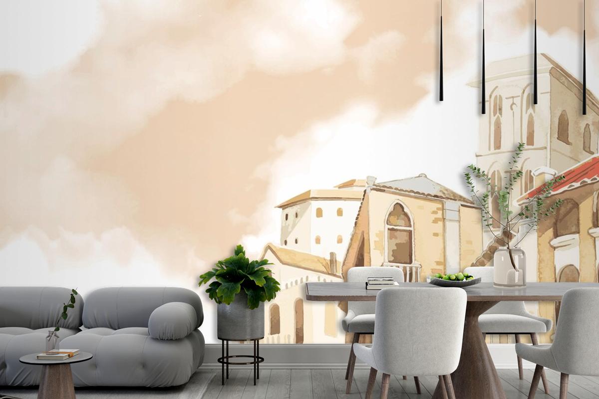 Mediterranean City Building Exterior Water Color Style Living Room Wallpaper Mural
