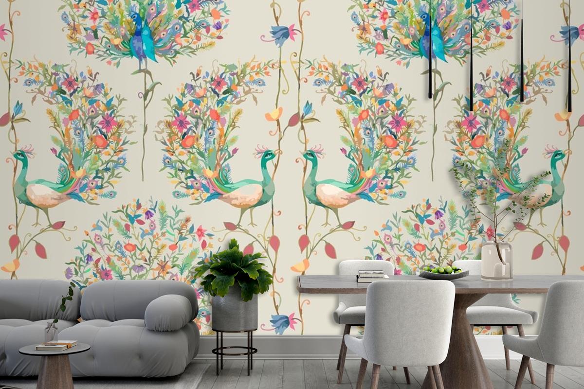 Pattern Background With Watercolor Peacock And Flower Living Room Wallpaper Mural