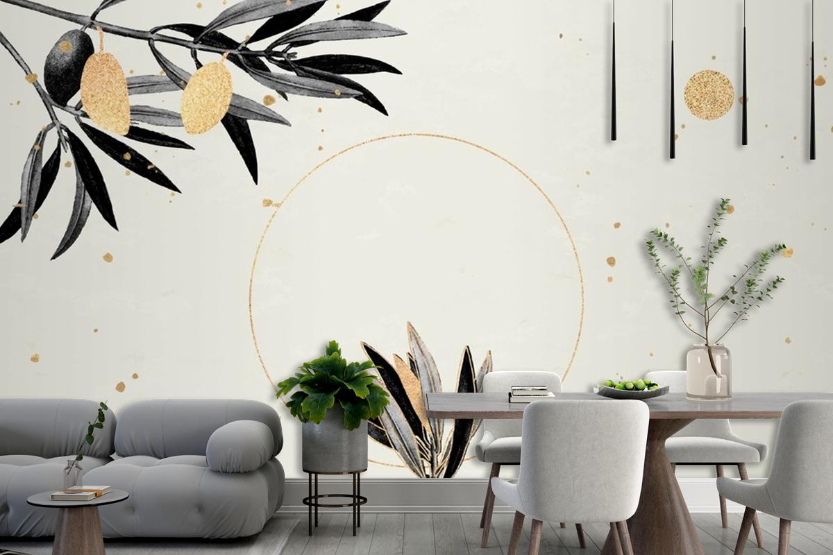 Round Gold Frame With Olive Branches Living Room Wallpaper Mural