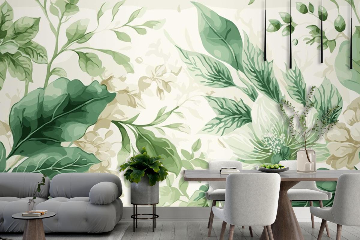 Seamless Watercolor Green And Beige Floral Pattern Living Room Wallpaper Mural