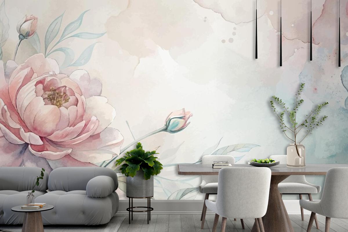 Soft Pastel Floral Watercolor Living Room Wallpaper Mural