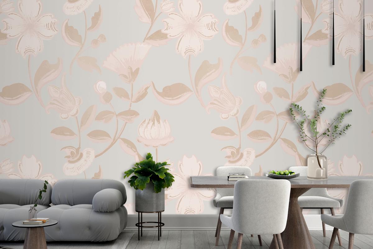 Vintage Neutral Floral Pattern Living Room Wallpaper Mural