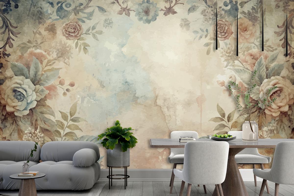 Watercolor Frame Background Of Flowers Living Room Wallpaper Mural