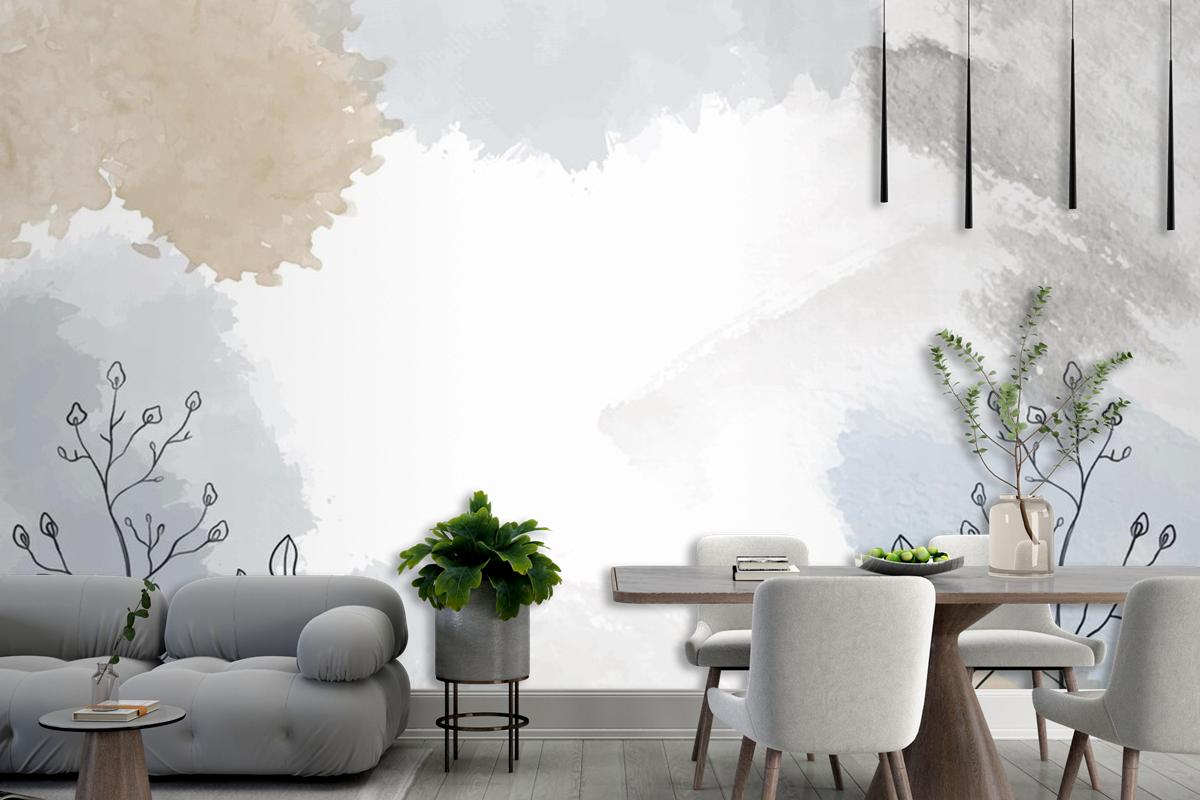 Watercolor Hand Drawn Background With Plants Living Room Wallpaper Mural