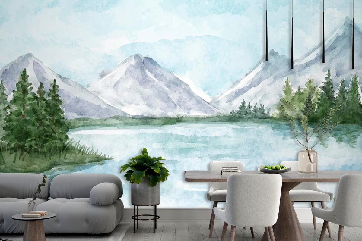 Watercolor Lake Scenery Living Room Wallpaper Mural