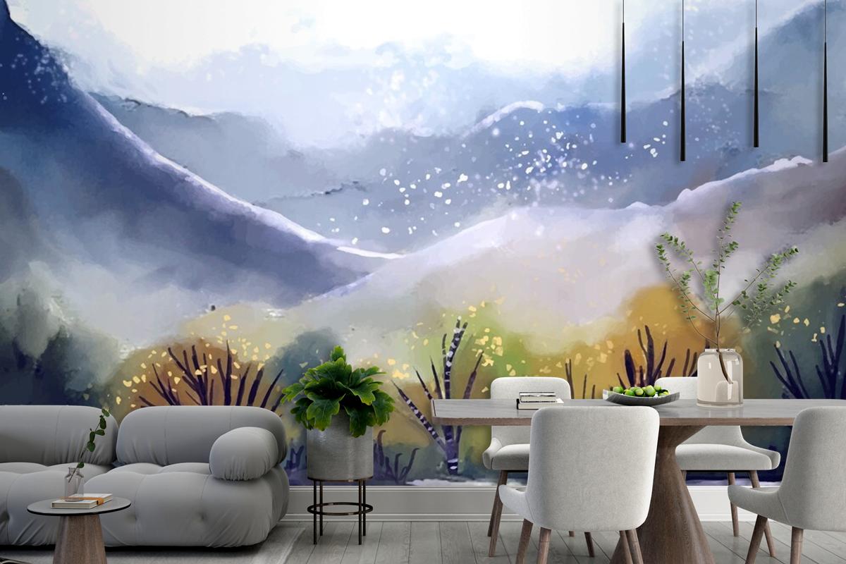Watercolor Mountain Landscape Living Room Wallpaper Mural