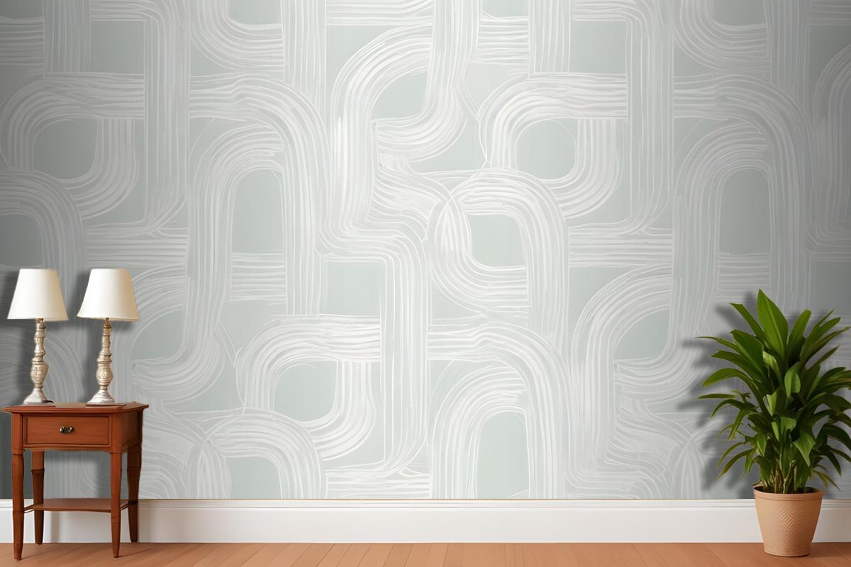 A Seamless Geometric Pattern With Interlocking Curved Shapes In Shades Of White And Light Green Wallpaper Mural