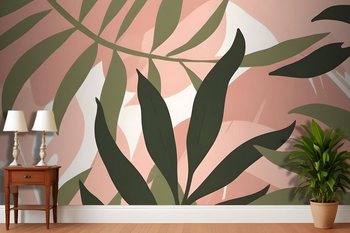 Abstract Tropical Leaves In Shades Of Green And Pink On A Light Wallpaper Mural