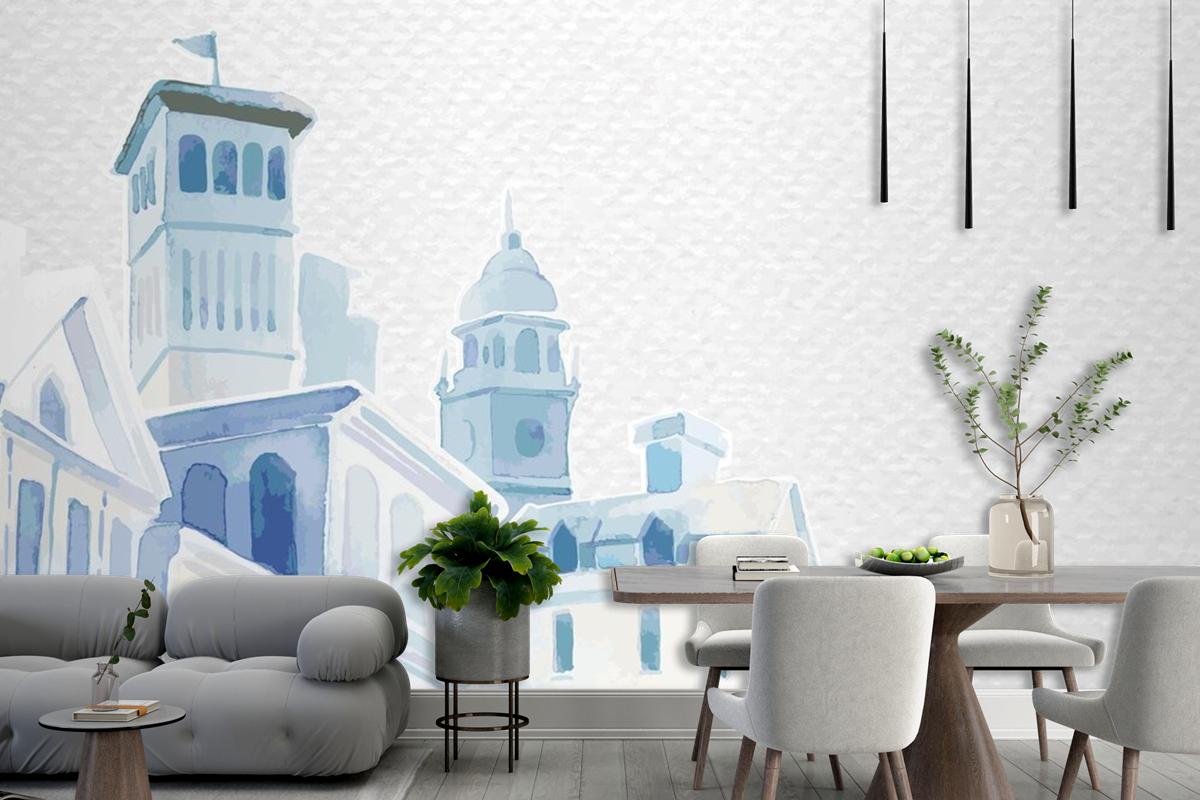 Architectural Mediterranean Buildings In Watercolor On White Paper Textured Living Room Wallpaper Mural