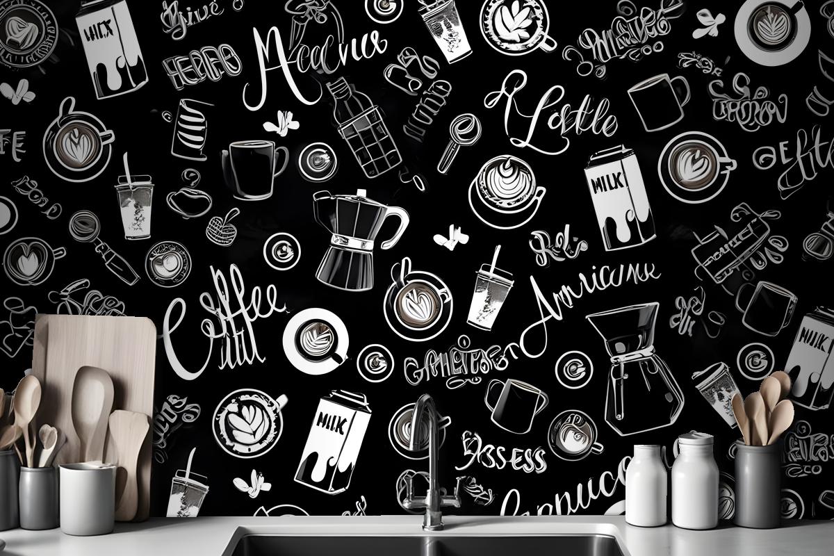 Black & White Coffee Cup Pattern Wallpaper Mural