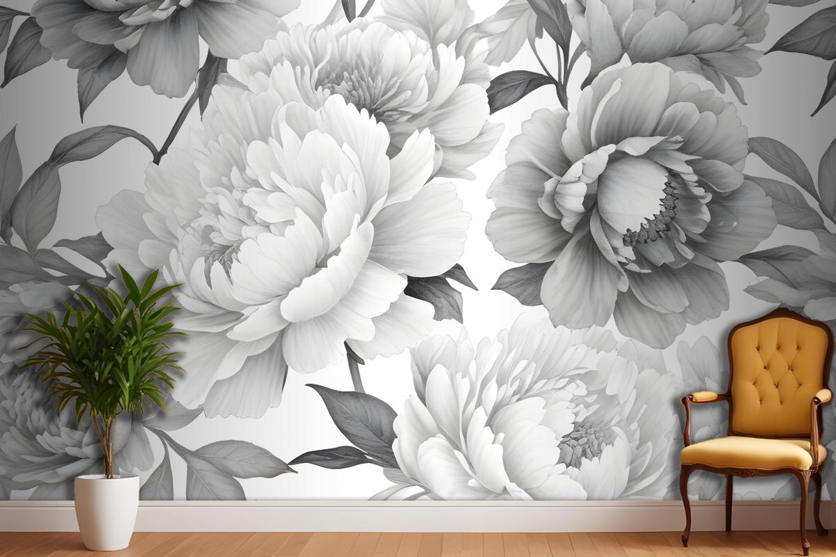 Black And White Floral Pattern With Large Lush Wallpaper Mural