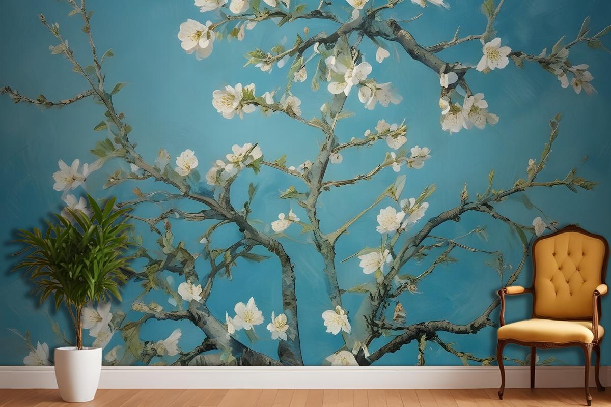 Blooming Almond Tree Branches Against A Blue Sky Wallpaper Mural