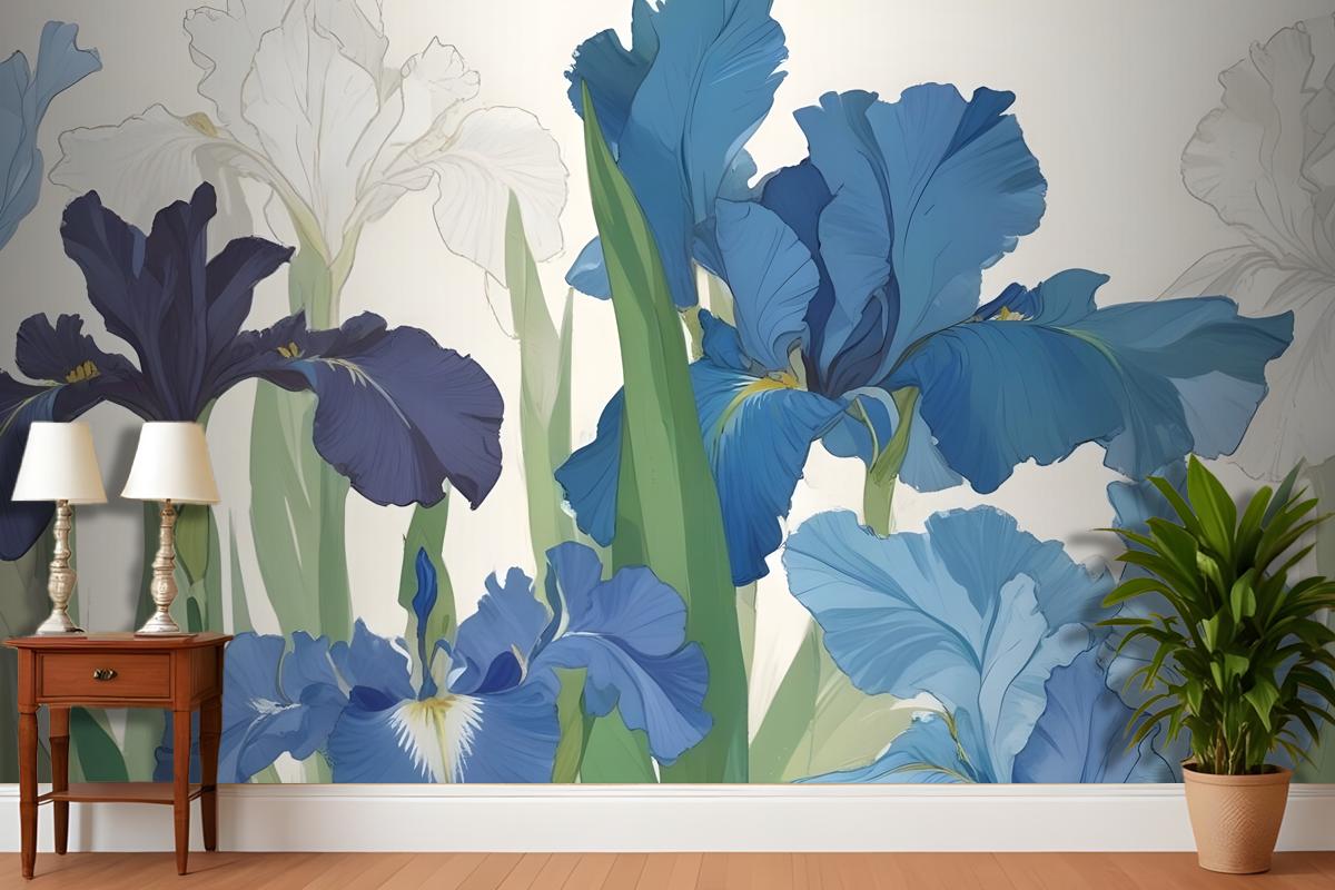 Blue And White Irises With Green Leaves Against A Light Wallpaper Mural