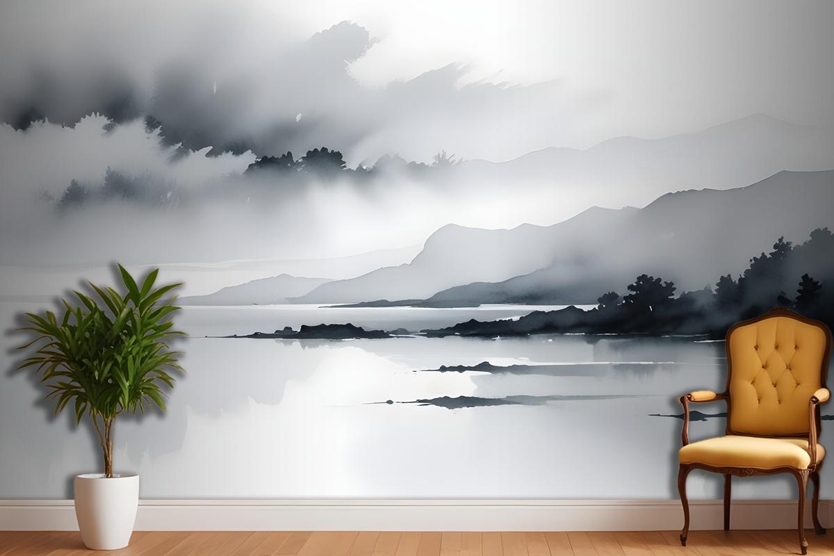 Blue Gray Watercolor Lake Landscape Wallpaper Mural