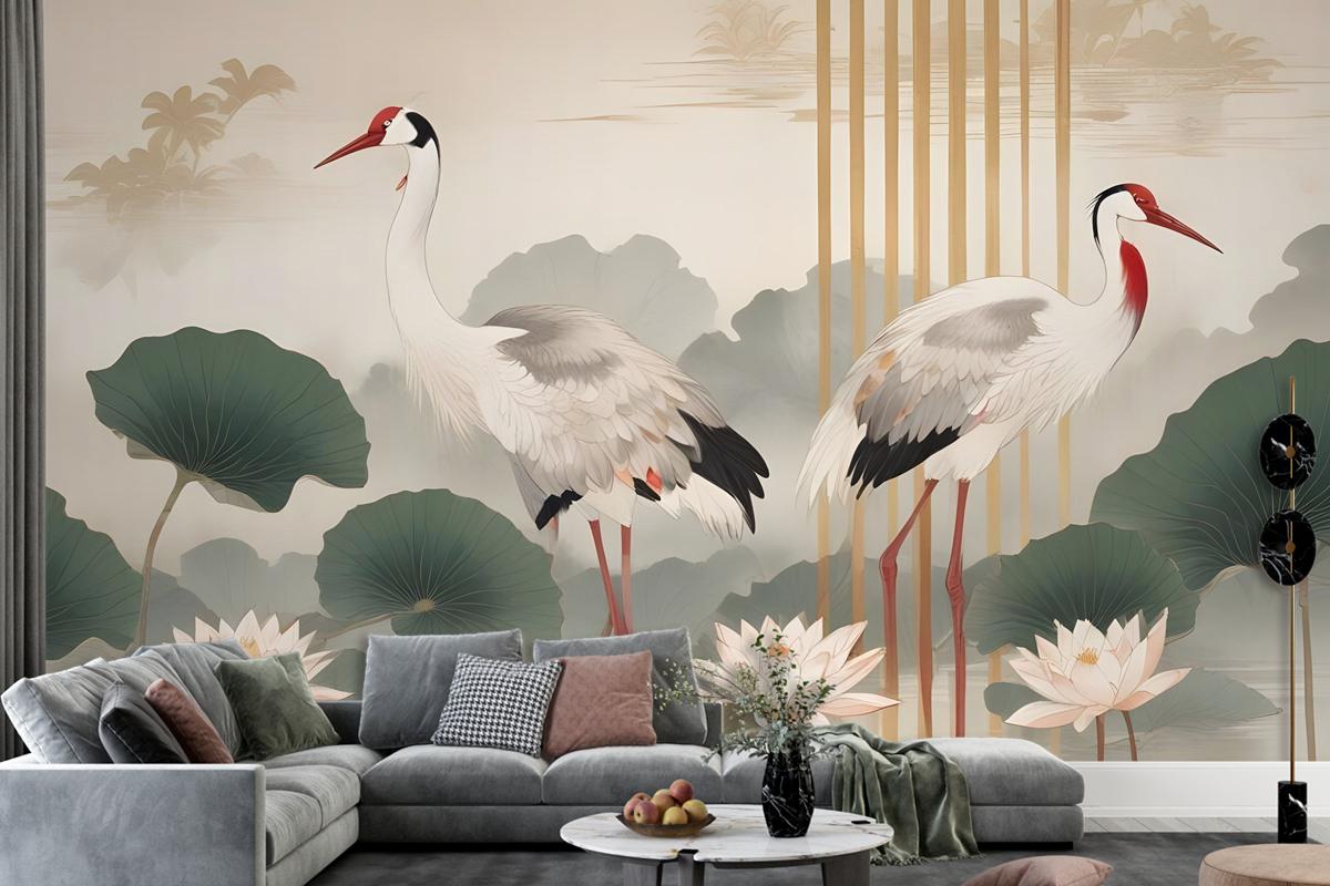 Chinese Crane Birds With Lotus Florals Bedroom Wallpaper Mural