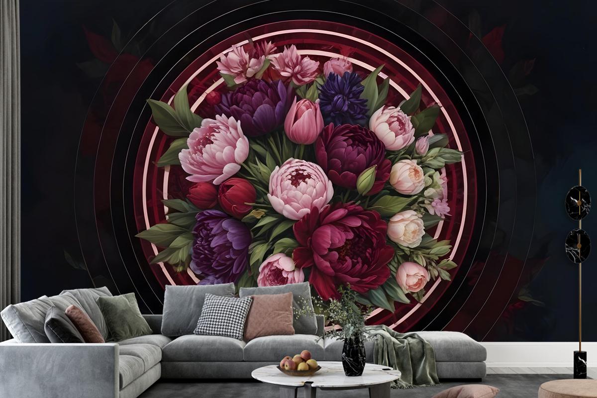 Circle Dark Floral Bedroom Wallpaper Mural