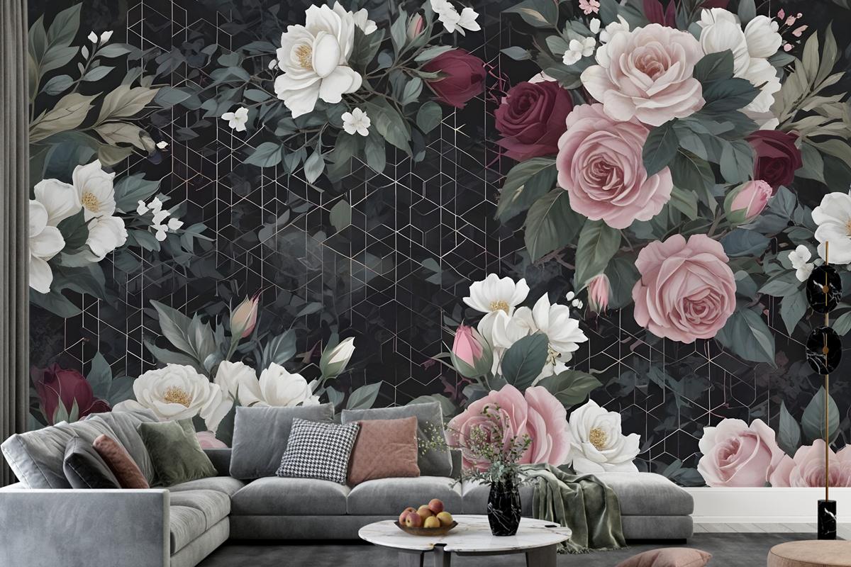 Colorful Floral With Dark Geometric Pattern Bedroom Wallpaper Mural