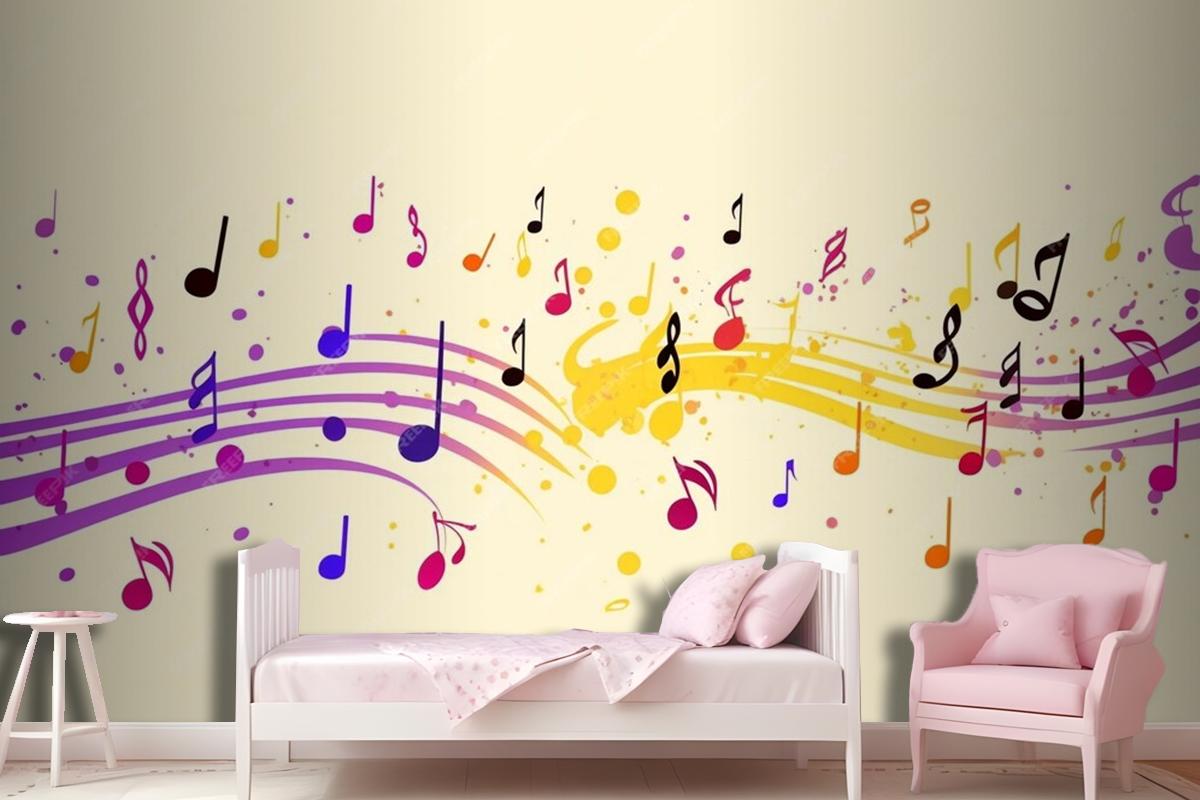 Colorful Musical Notes Yellow Background Wallpaper Mural