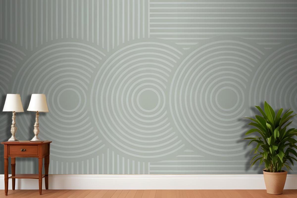 Concentric Circles And Vertical Lines In Green Wallpaper Mural