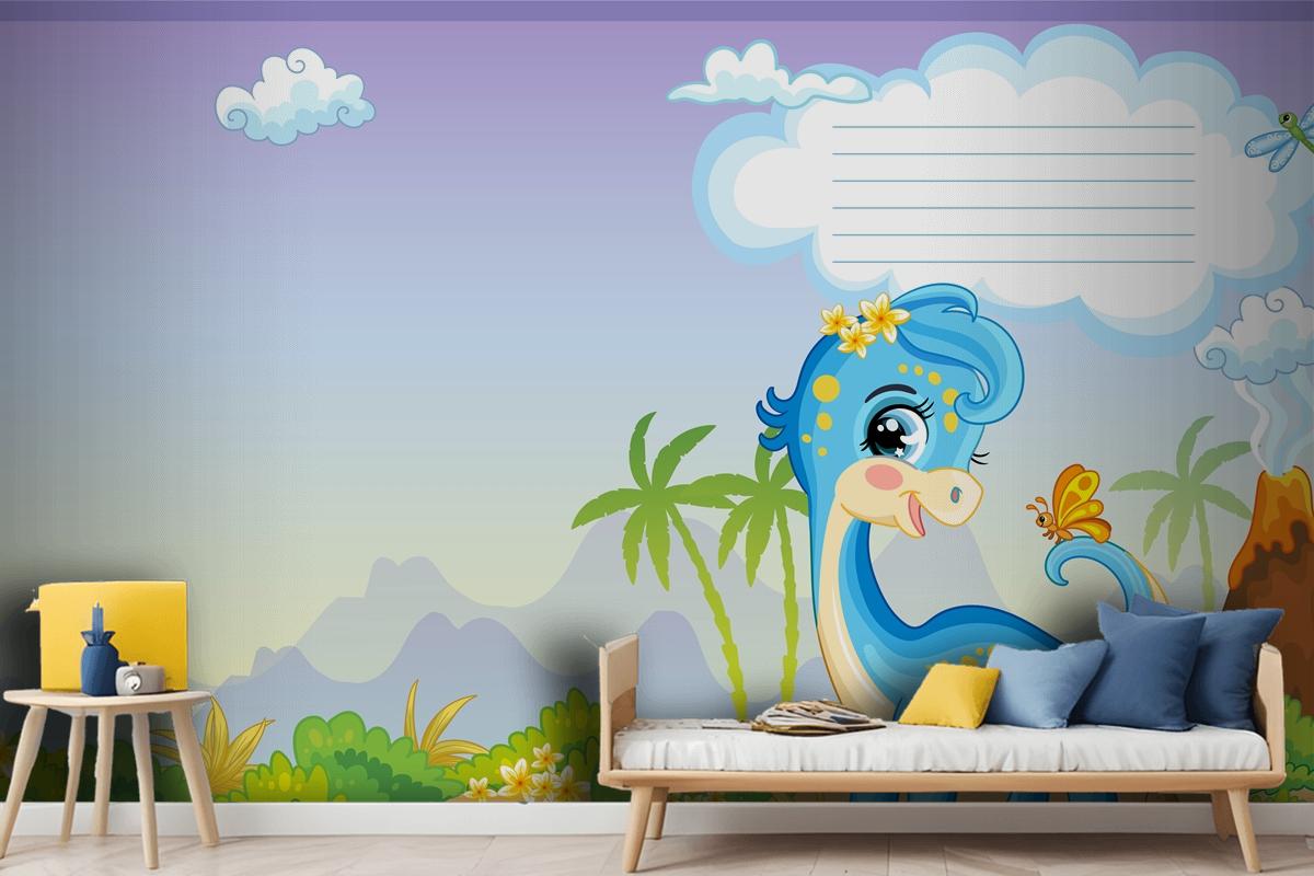 Cover For Notebook With Cute Dinosaur Blue Diplodocus Wallpaper Mural