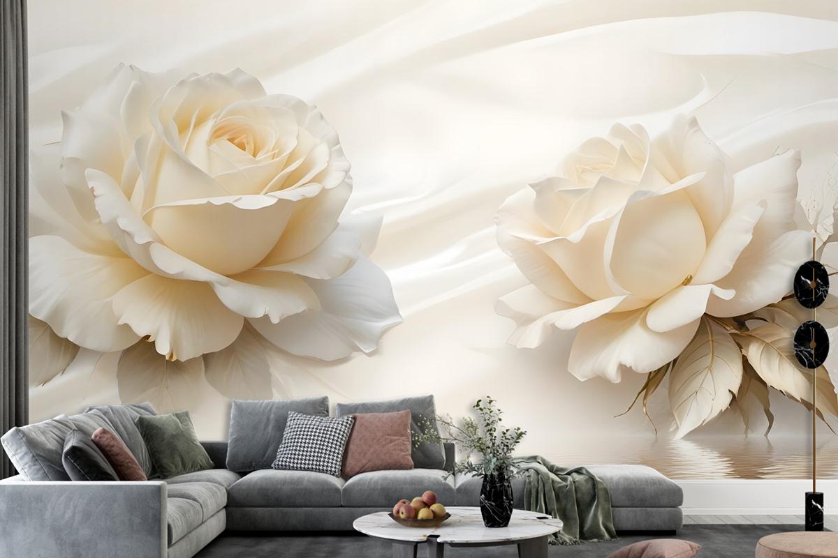 Cream Rose Floral With Water Pattern Bedroom Wallpaper Mural