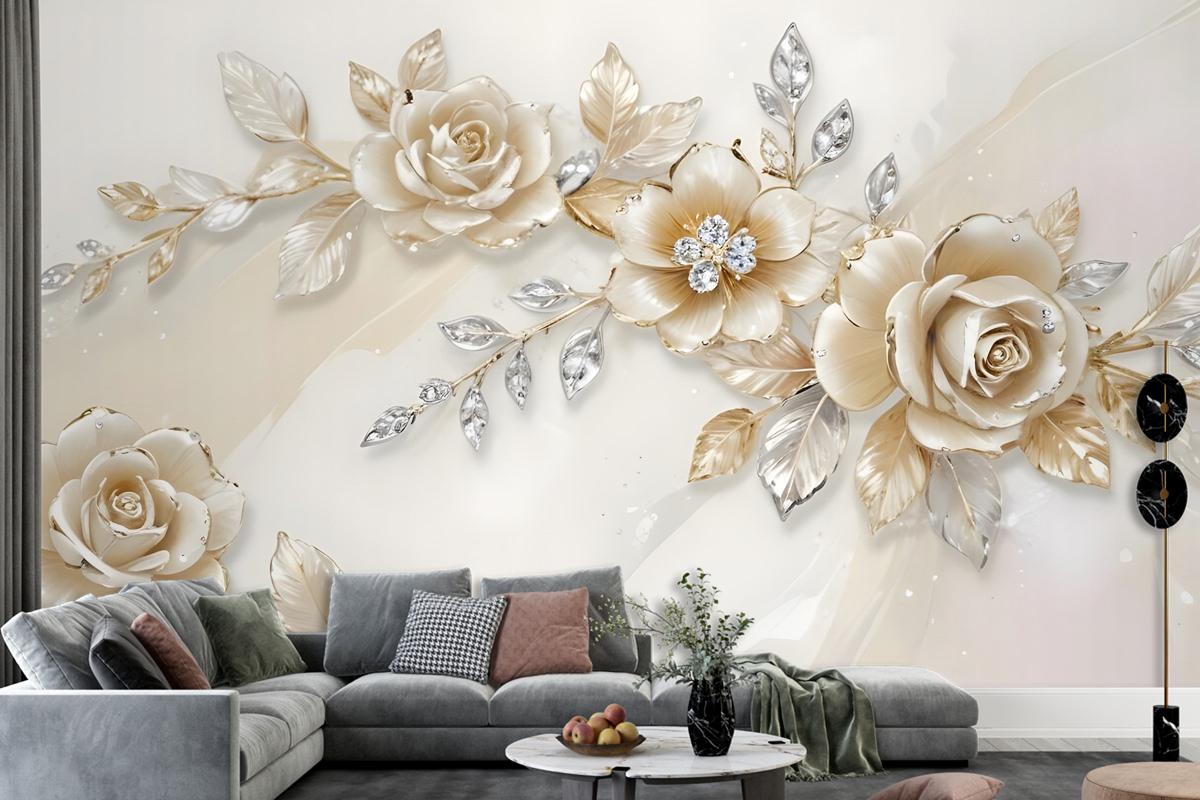Cream Swarovski Rose Floral Bedroom Wallpaper Mural