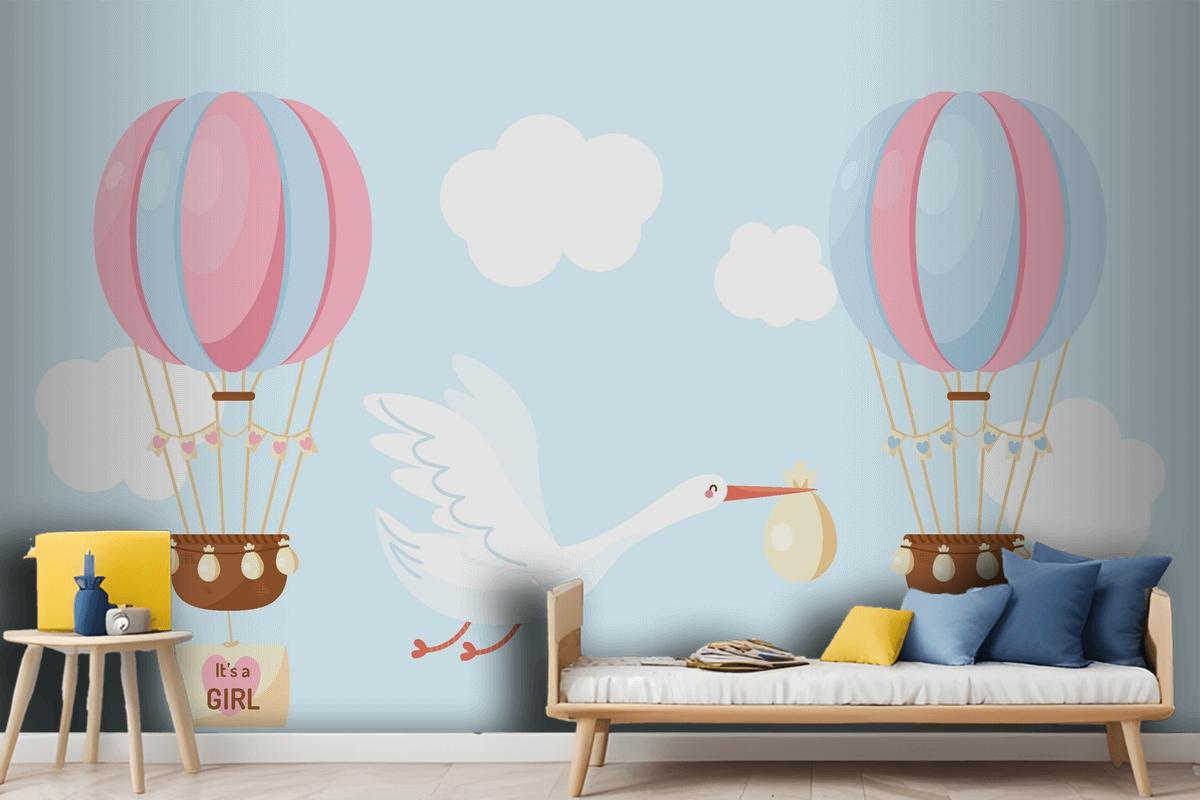 Cute Flat Design Blue Pink Balloon Wallpaper Mural