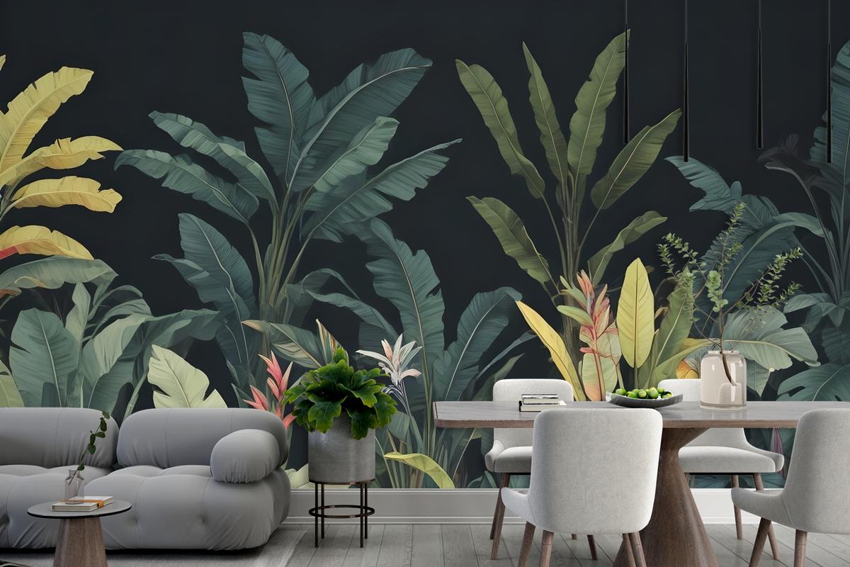 Dark Background Large Green Leaves Banana Plants Colorful Flowers Wallpaper Mural