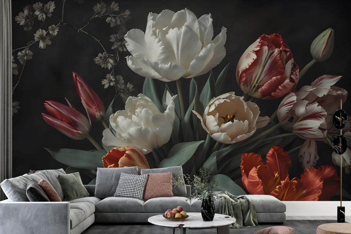 Dark Floral Dutch Bouquet With Tulips Bedroom Wallpaper Mural