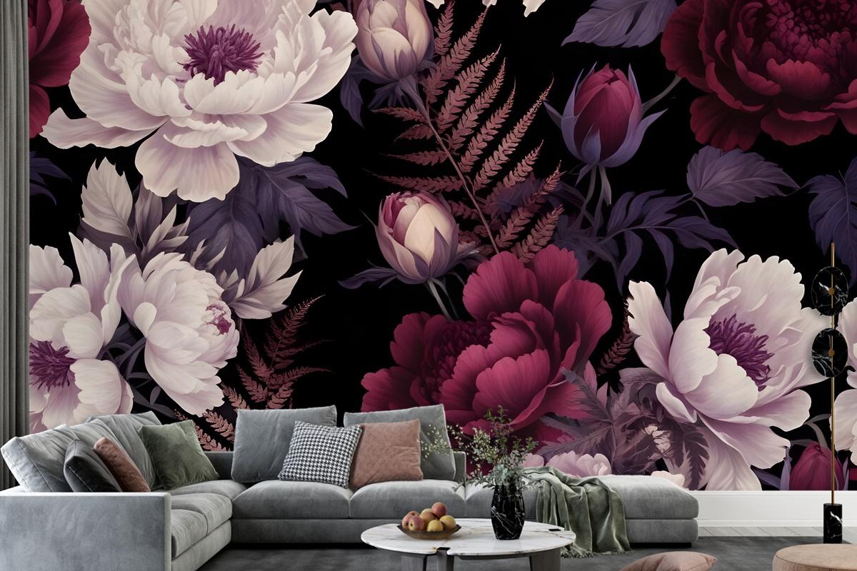 Dark Watercolor Colorful Peony Floral Bedroom Wallpaper Mural