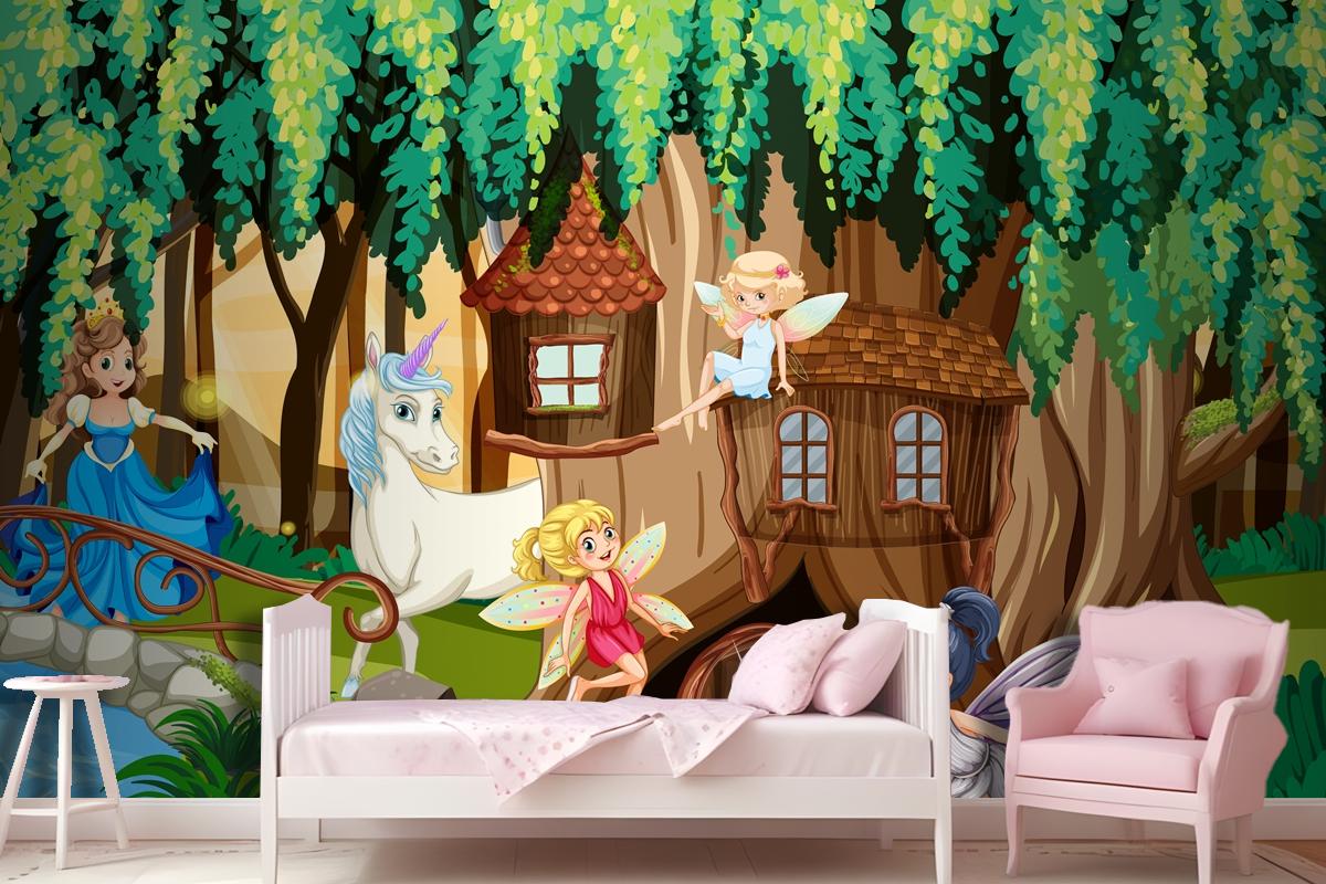 Fantasy Forest With Fairies And Unicorn Wallpaper Mural