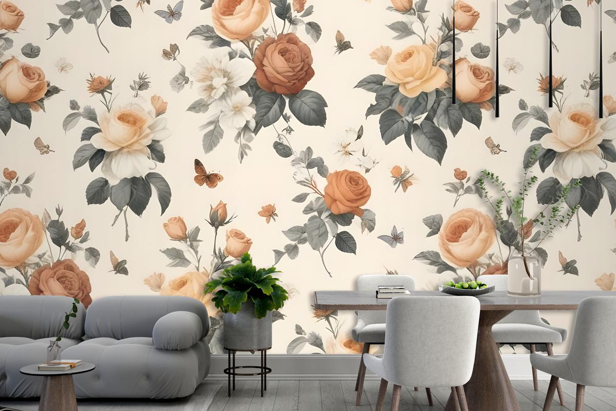 Floral Pattern With Various Types Of Roses Wallpaper Mural