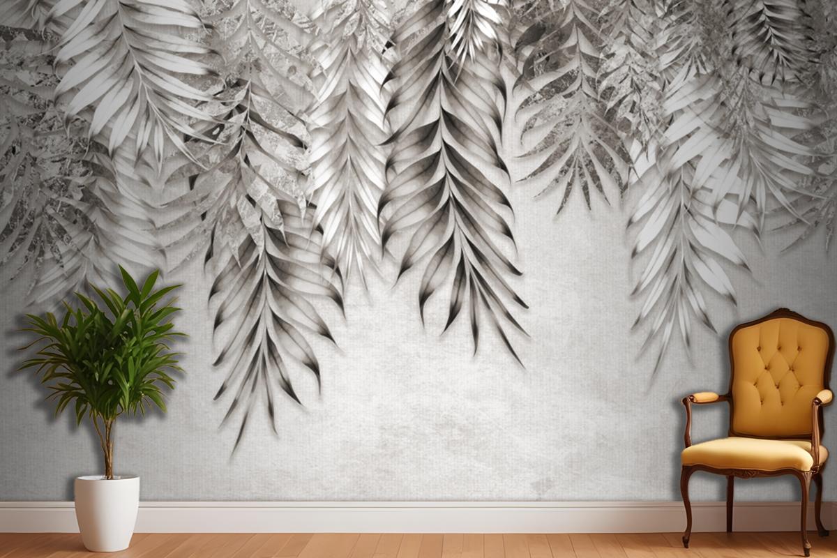 Gray And White Branches Trees Leaves On Drawing Wallpaper Mural