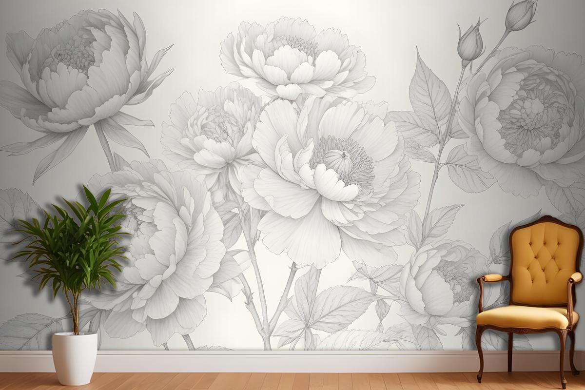 Gray Large Illustrated Roses Wallpaper Mural