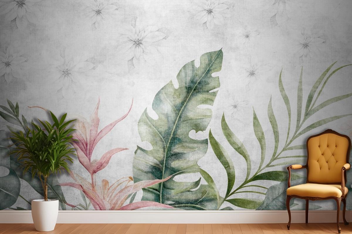 Green Branches Tree Leaves On Drawing Gray Bedroom Wallpaper Mural