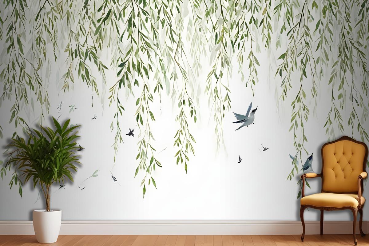 Green Hanging Leaves With Colorful Birds Wallpaper Mural