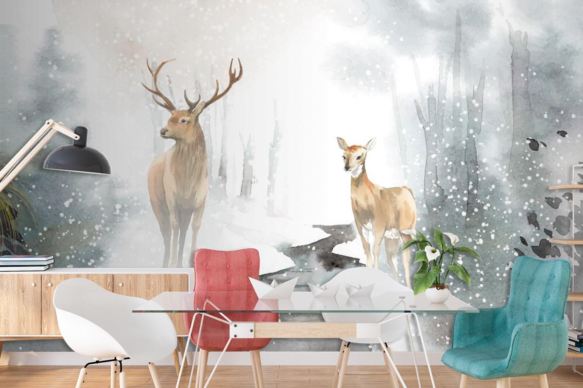 Handdrawn Pair Of Deer Watercolor Style Wallpaper Mural
