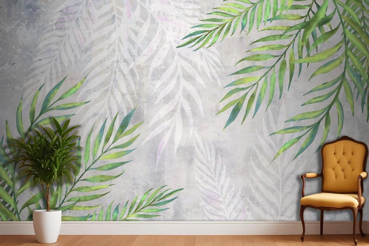 Leaves In The Corners On A Light Textured Bedroom Wallpaper Mural