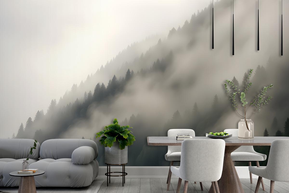 Misty Mountain Landscape With Dense Fog Covering The Forested Slopes Wallpaper Mural