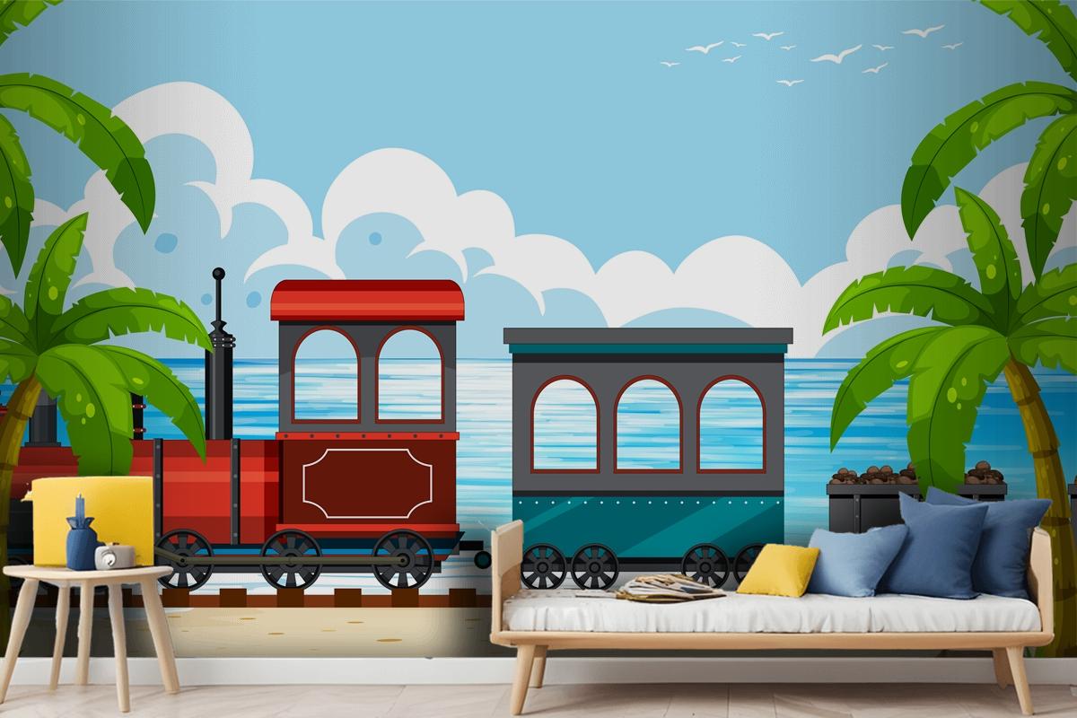 Outdoor Scene With A Steam Locomotive Train Boys Wallpaper Mural
