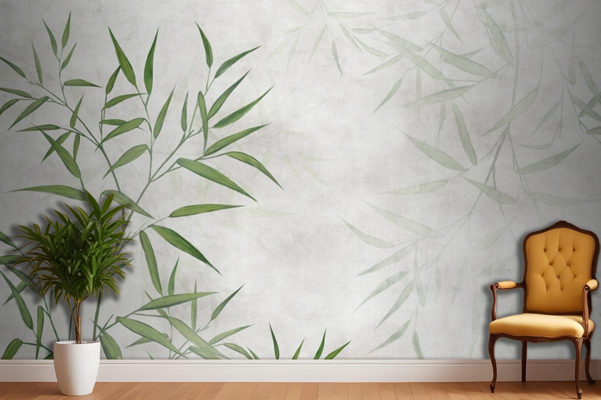 Painted Reed Bamboo Leaves On A Textured Background Bedroom Wallpaper Mural