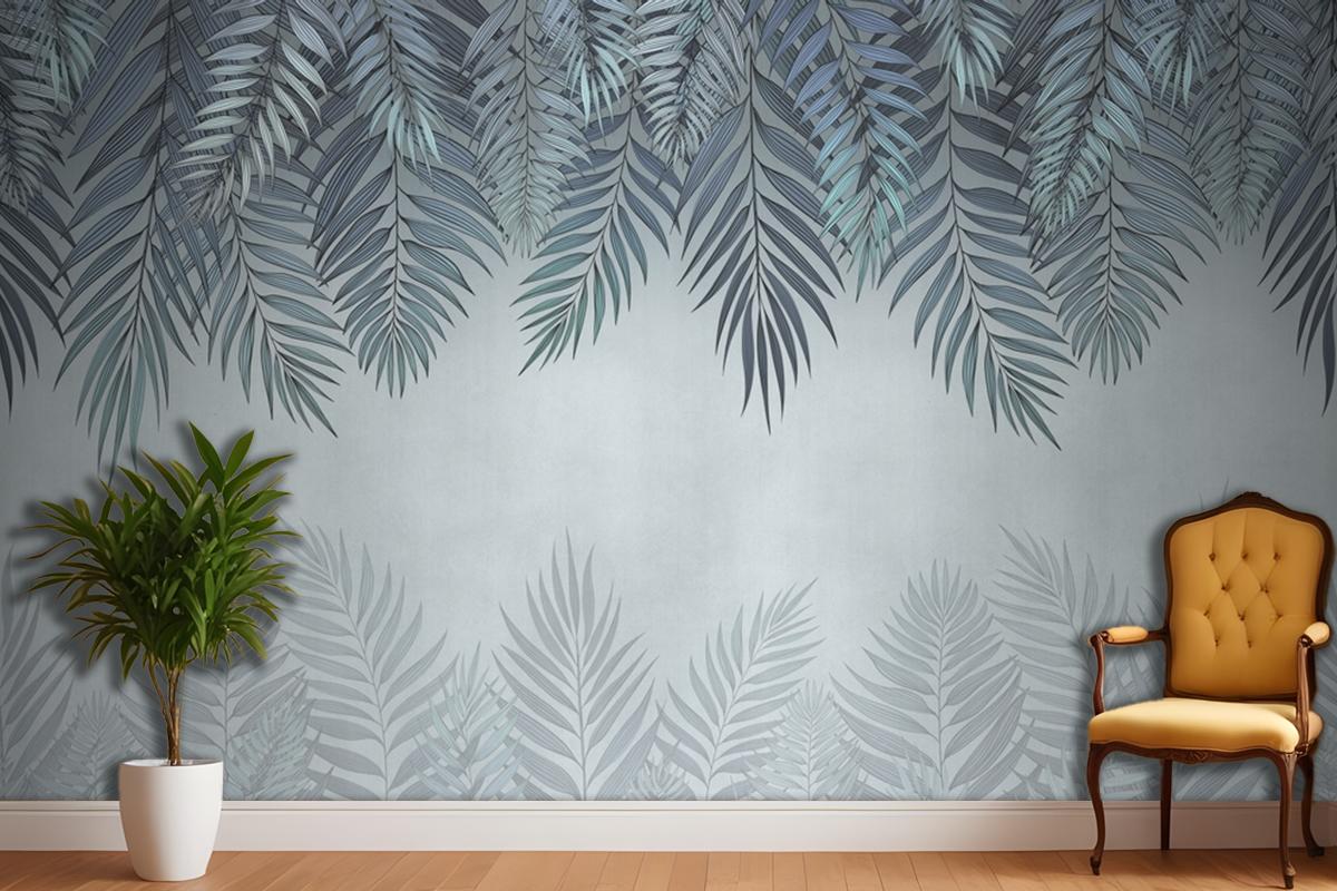 Palm Leaves In Pale Blue Flowers Bedroom Wallpaper Mural