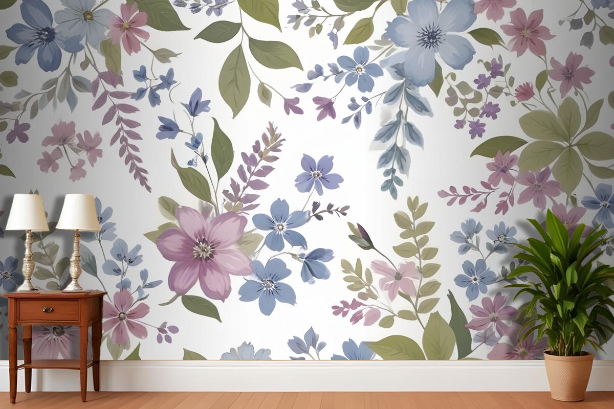 Purple And Blue Watercolor Flower Wallpaper Mural