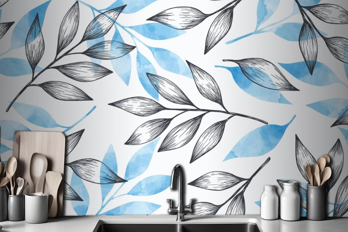 Simple Background With Gray And Blue Leaves Wallpaper Mural