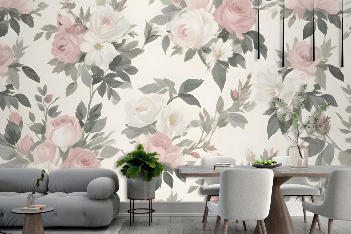 Soft Muted Floral Pattern Large Pink White Flowers Rose Green Leaves Wallpaper Mural