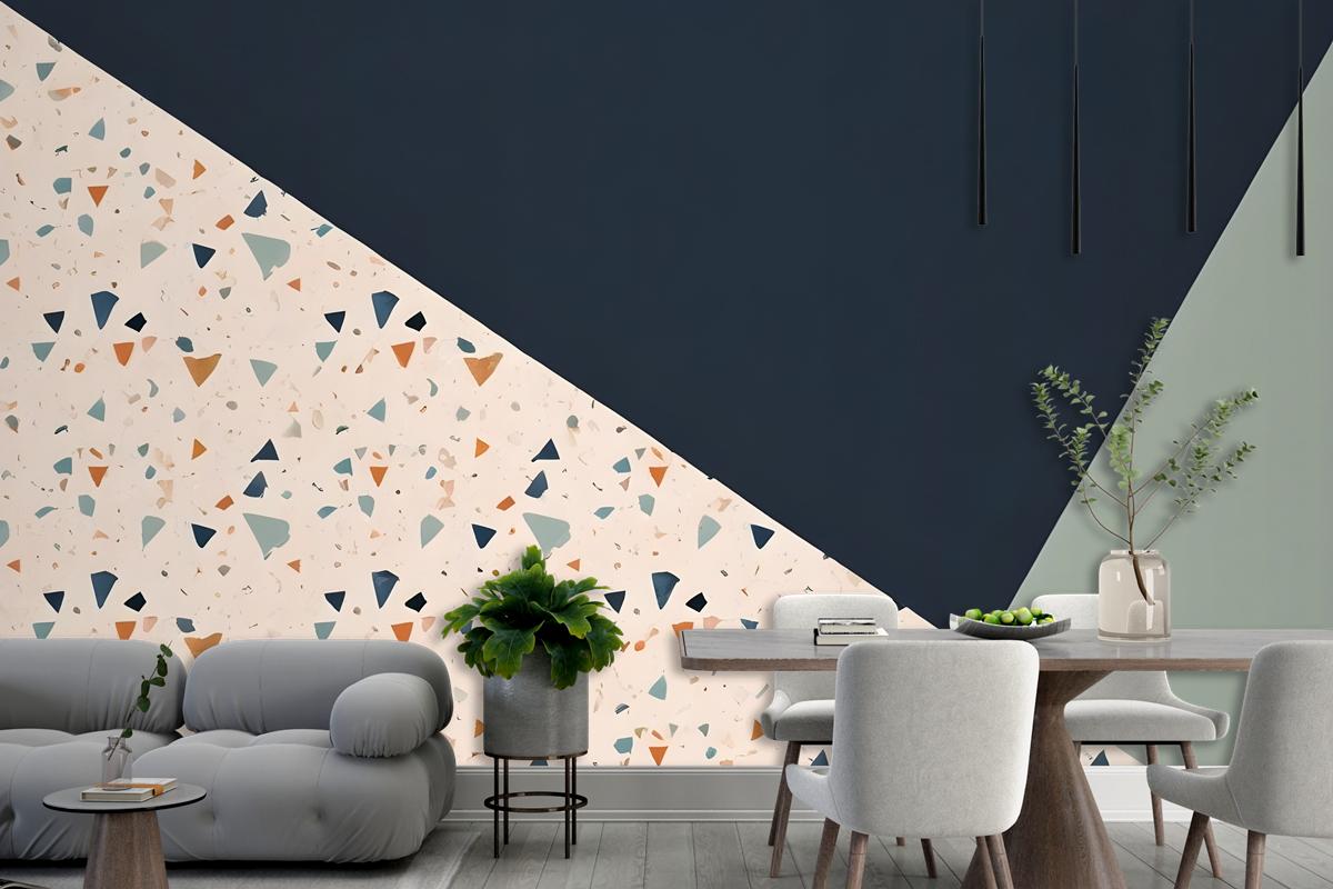 Terrazzo Style Pattern With Various Shapes Blue And Light Green Wallpaper Mural