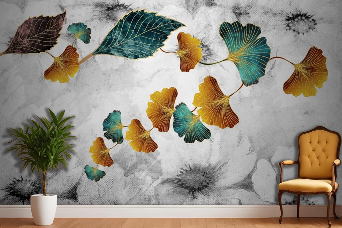 Turquoise And Golden Ginkgo Leaves In Light Gray Canvas Paint Bedroom Wallpaper Mural