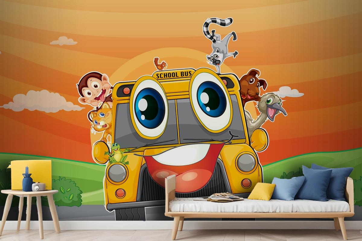 Various Animals In School Bus Wallpaper Mural