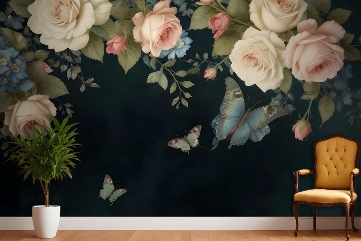 Vintage Oil Painting Dark Roses Bedroom Wallpaper Mural